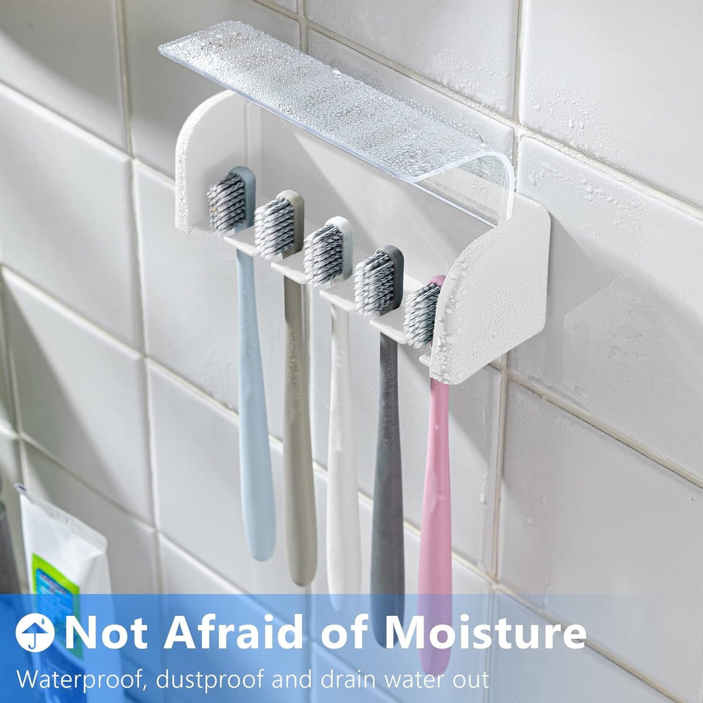 5 Slots Toothbrush Holder Wall Mount with Cover, Self Adhesive Toothbrushes Storage Organizer Perfect for Dorm Bathrooms and Shower, Holds 5 Toothbrushes. (White)