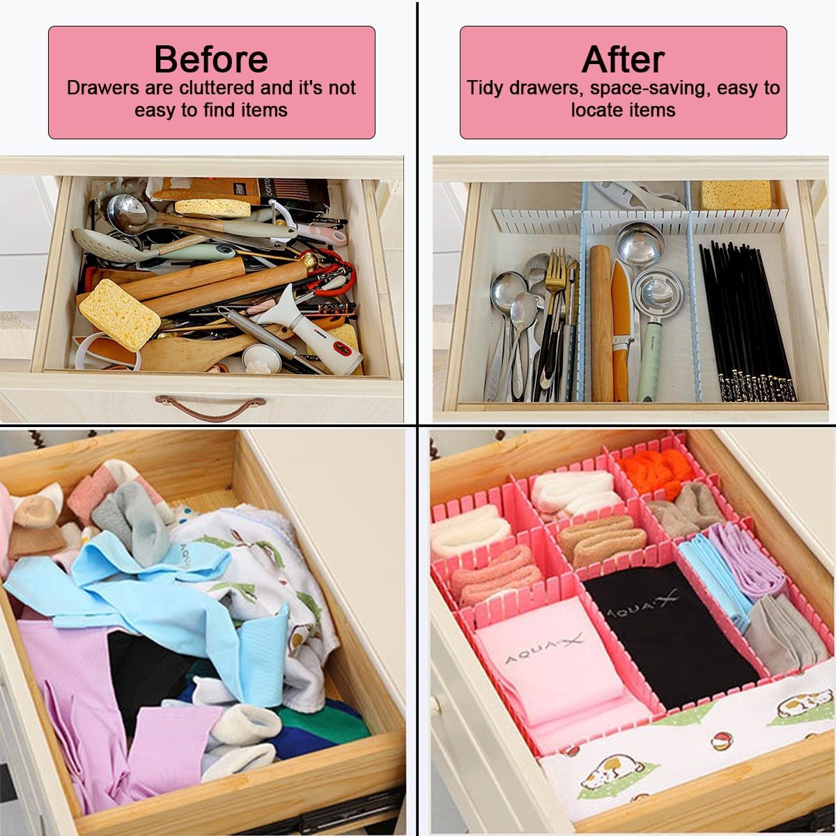 24pcs freely adjustable drawer dividers for organizing messy clothes, cosmetics, stationery, tableware, daily sundries, suitable for kitchen, living room, bathroom, study, office (blue)