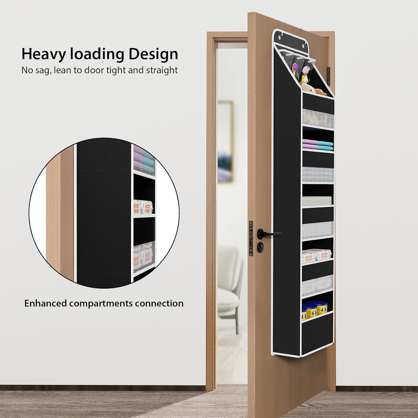 Univivi 6-Shelf Over Door Hanging Organizer Fabric Baby Door Storage with 5 Large Pockets and 3 Small PVC Pockets Wall Mount Hanging Storage Organizers for Baby Essential (Black)