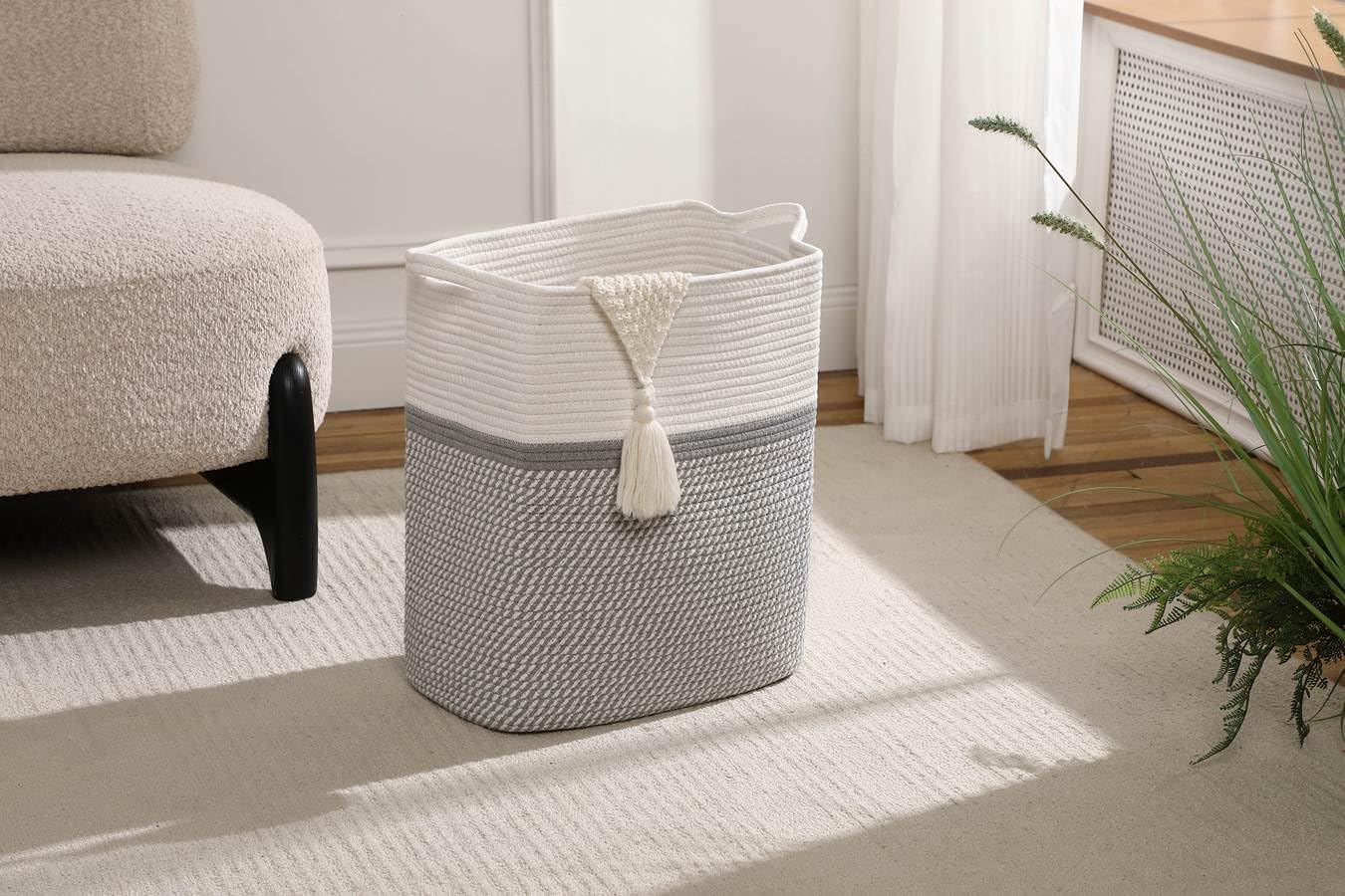 Tall Laundry Basket With Handles,Woven Cotton Rope Big Laundry Hamper Sorters,Versatile Storage for Dirty Clothes,Baby Toys,and Blankets in Bathroom, Nursery,and Living Room (White/Gray, 50L)