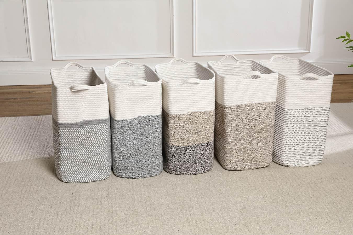 Tall Laundry Basket With Handles,Woven Cotton Rope Big Laundry Hamper Sorters,Versatile Storage for Dirty Clothes,Baby Toys,and Blankets in Bathroom, Nursery,and Living Room (White/Gray, 50L)