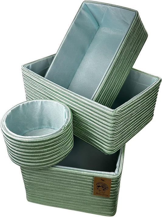 Modern Granny Fashion Decor Vanity Box, Stackable Boxes Decoratives with lined Interior, Storage Baskets Set of 4, Office Boho Baskets Shelf Box for Organizing (PRAIRIE MINT)