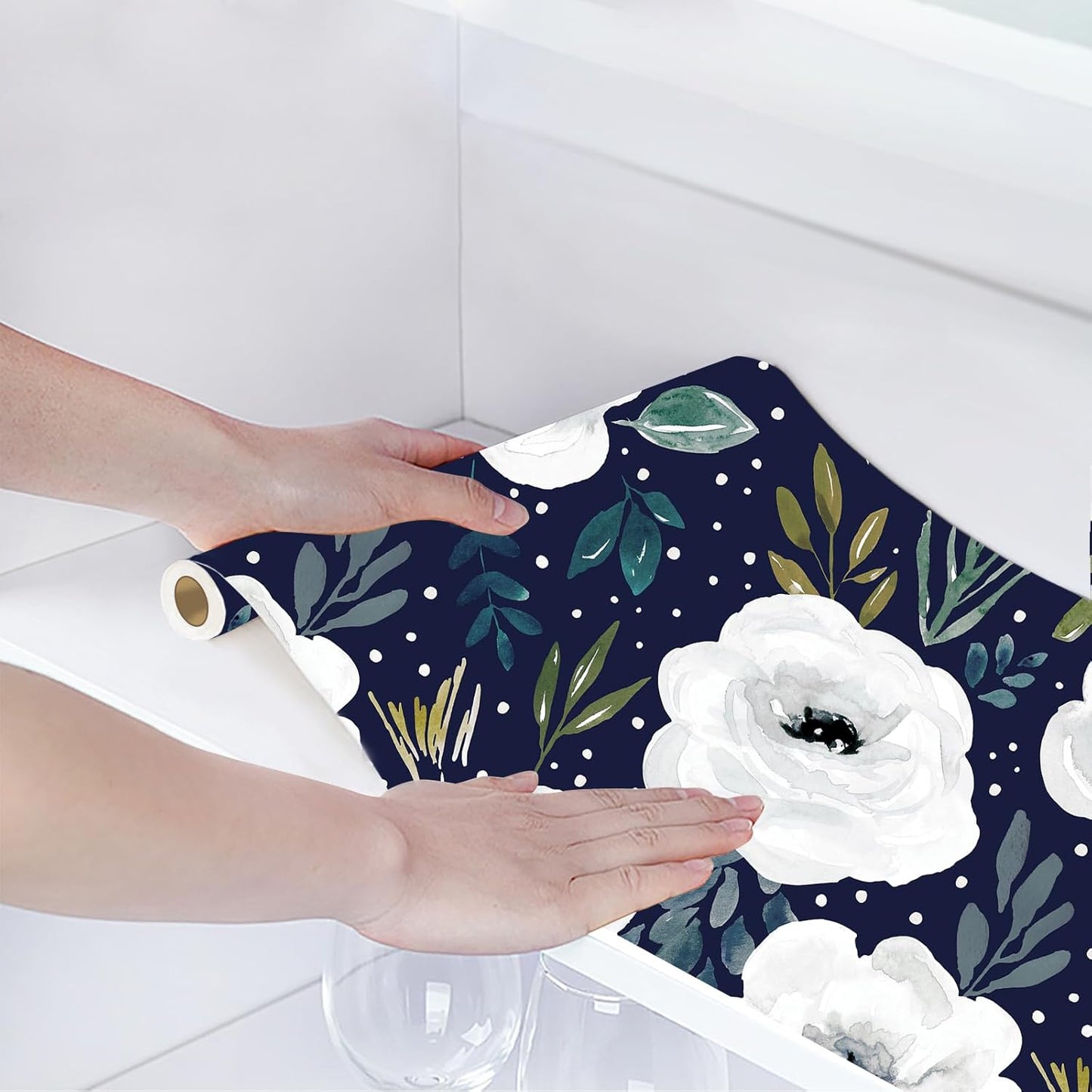HAOKHOME Shelf Liner and Cabinet Liner Floral, Self-Adhesive Drawer Liners, Peel and Stick Contact Paper for Kitchen Cabinets and Cupboard,Bedroom Drawers, Navy/White/Green 17.3in x 6.5ft