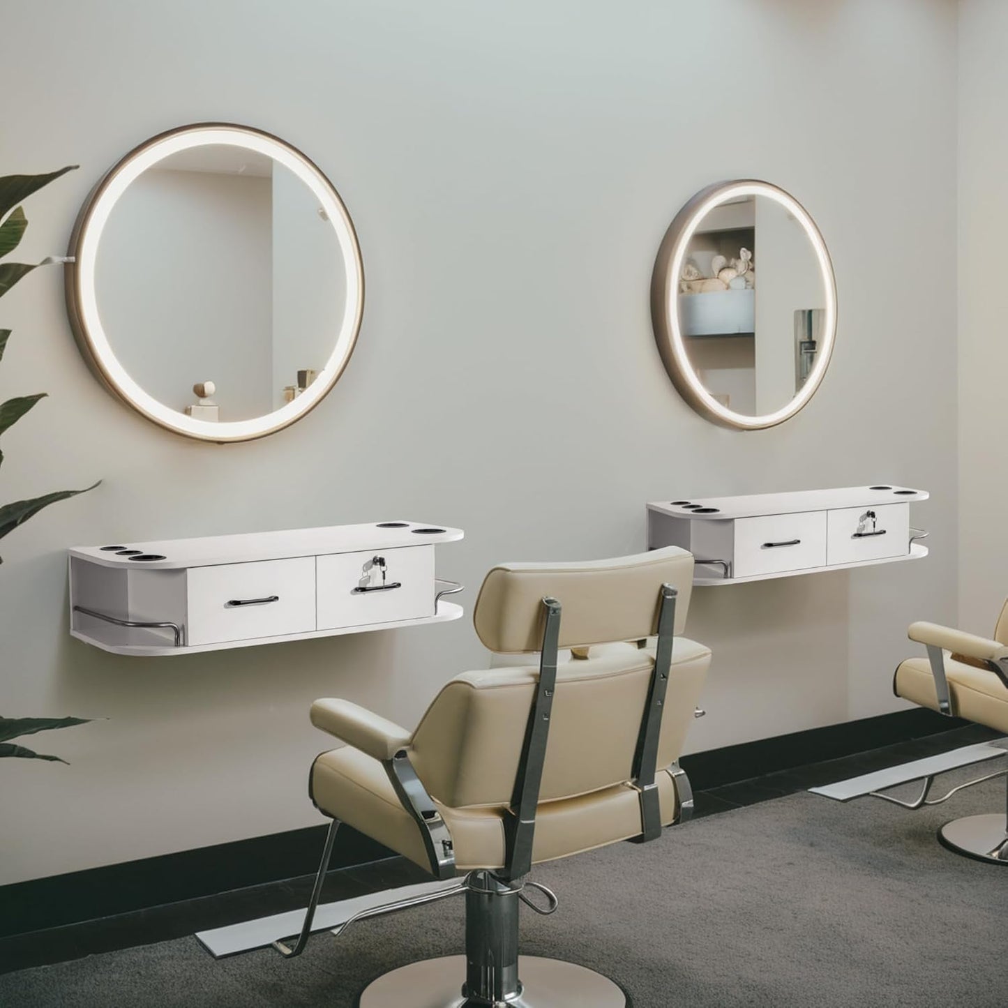 BarberPub Beauty Locking Wall Mount Styling Station, Barber Salon Station with Hair Dryer Holders, Spa Storage Floating Equipment with 2 Drawers 5012 (White)