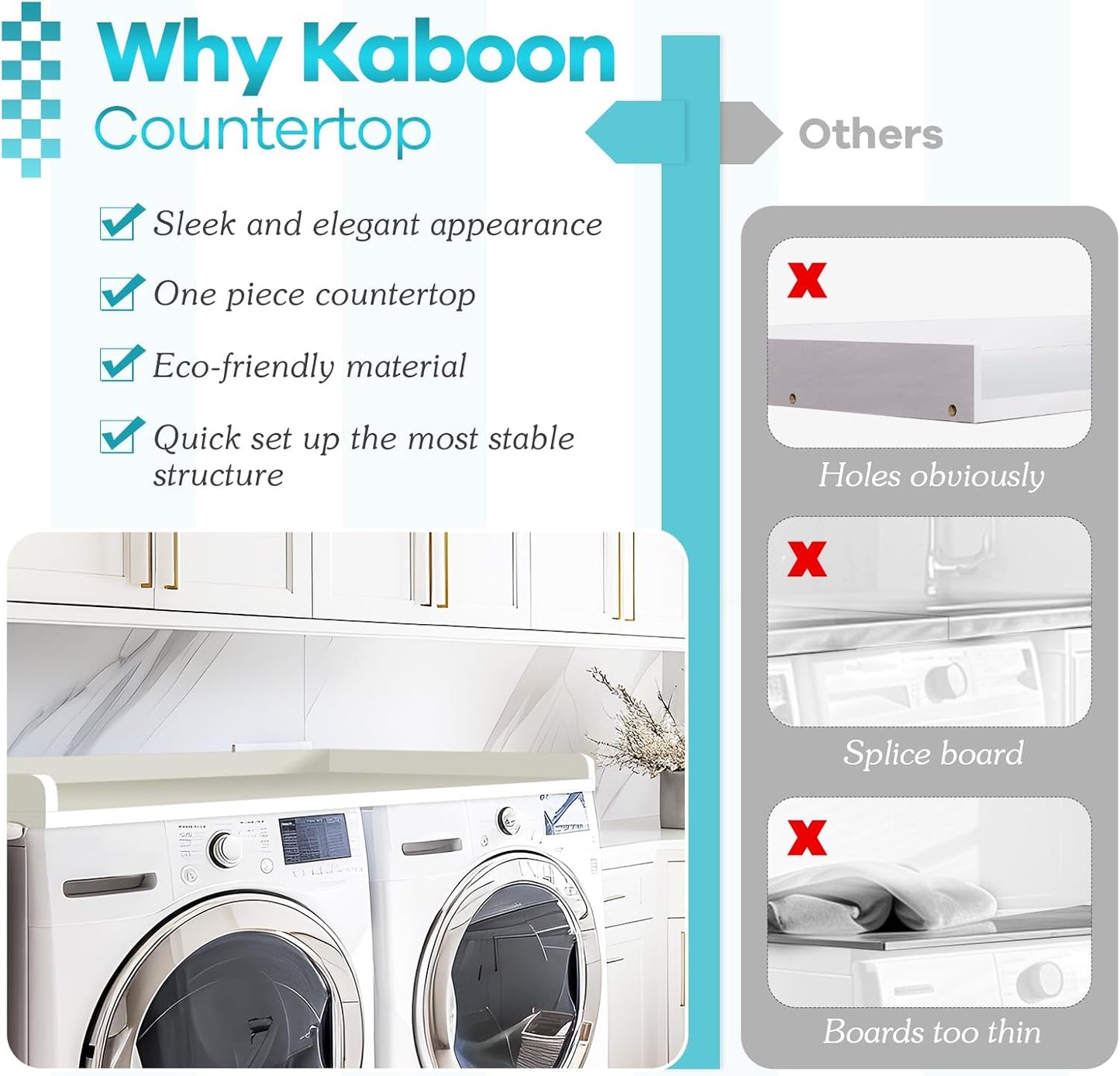 Kaboon Washer Dryer Countertop, Melamine Countertop with Edge Rails - 27.5" Depth x 54" Width Laundry Room Organization, White