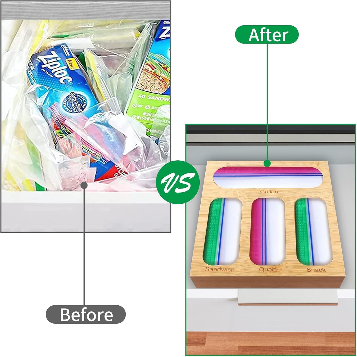 GAC Great American Classics Ziplock Bag Organizer - Kitchen Organizer for Sandwich Bags, Quart, Gallon, Snack – Natural Wood Plastic with Anti-Slip Pads – Space Saving and Practical Solution