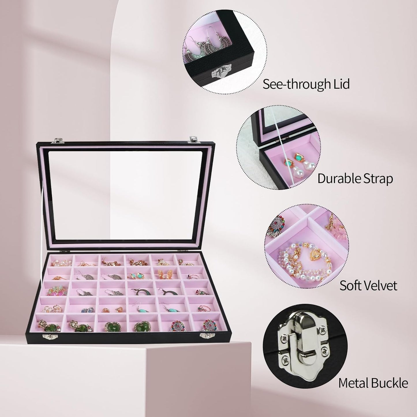 Stratalife Jewelry Organizer Earring Holder Jewelry Tray with Lid Earring Storage Drawer Organizer Earring Ring Storage for Women 30 Grid (Pink Black)