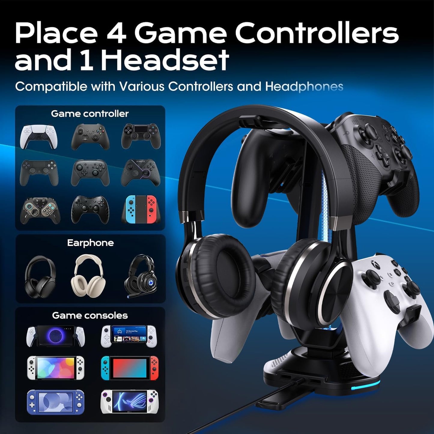 RGB Headset Stand with 9 Light Modes and 2 USB Charging Ports - Controller Holder for Desk - Headphone Stand & Detachable Controller Hook for PC Earphone Gaming Room Setup Accessories