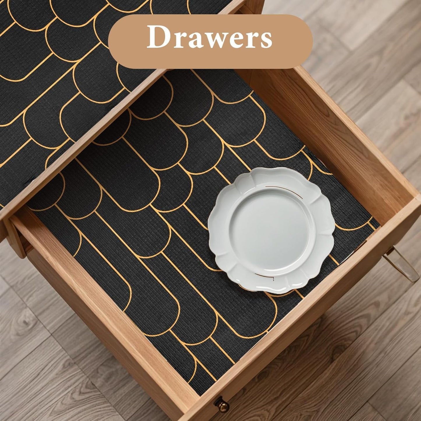 Shelf Liners for Kitchen Cabinets Drawer Liner 23.6in x 30FT Non Adhesive Black Gold Line Thickened Refrigerator Shelf Liner Paper Strong Easy to Clean for Tool Box with Knife and Tape Measure