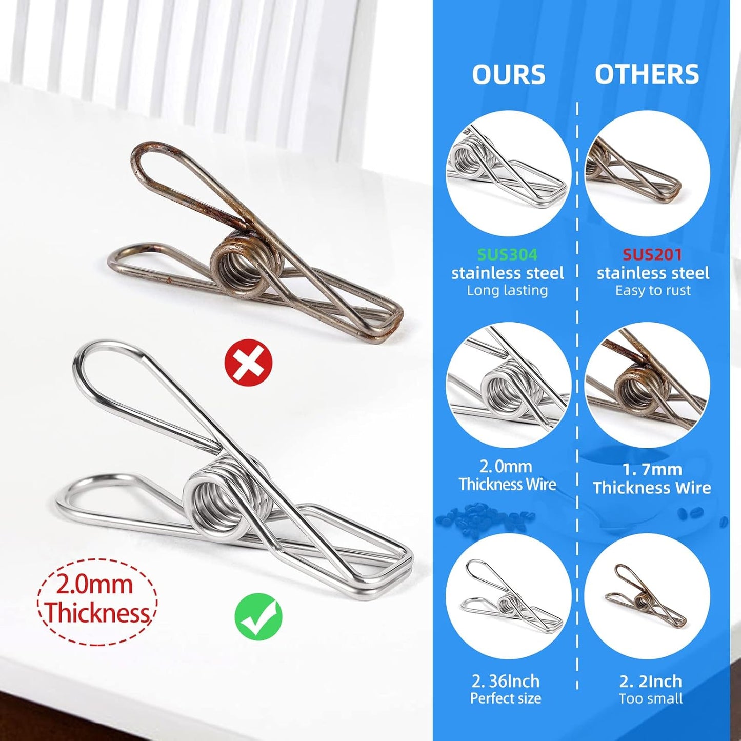 40 Pack Wire Clothes Pins Heavy Duty Outdoor, Stainless Steel ClothesPins for Hanging Clothes, Metal Clothes Pegs, Clothing Clips, Laundry Pins 2.0mm Diameter 6cm Long