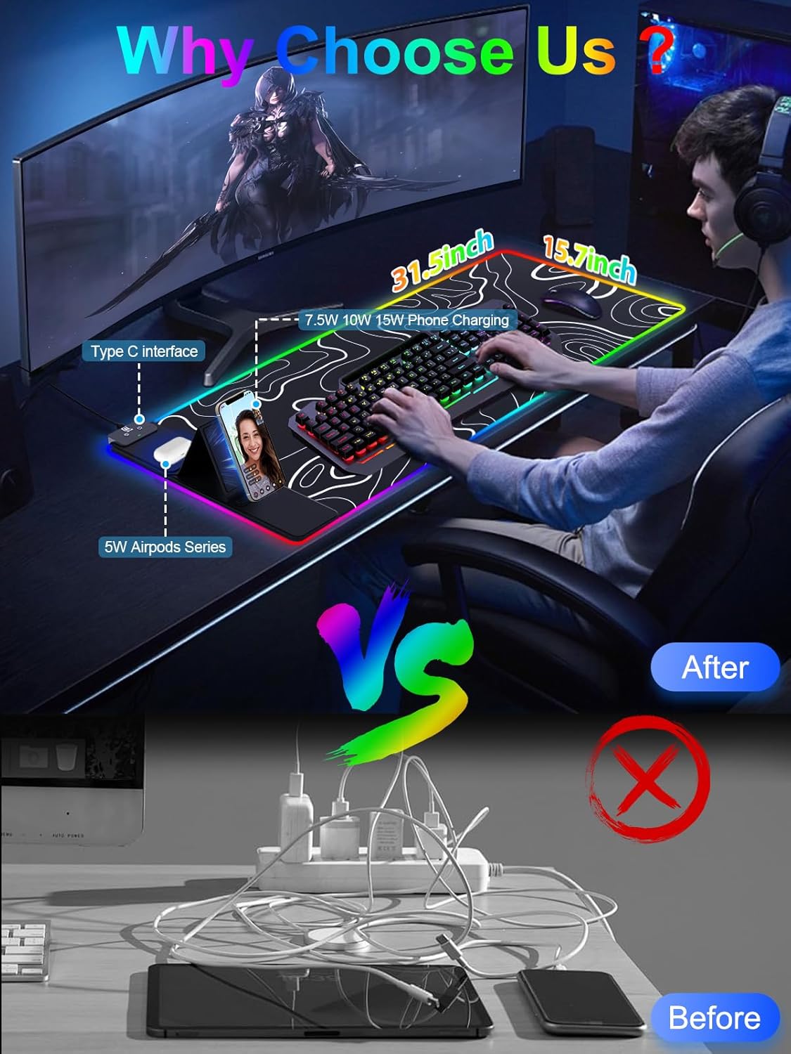 XXL Mouse Pad with Phone Holder, RGB Desk Mat with 15W Fast Charging, LED Large Gaming Mouse Pad with 11 Lights Colors, Long Mouse Pads for Desk, Waterproof Non-Slip Gaming Pad for Gamer Esports Pros