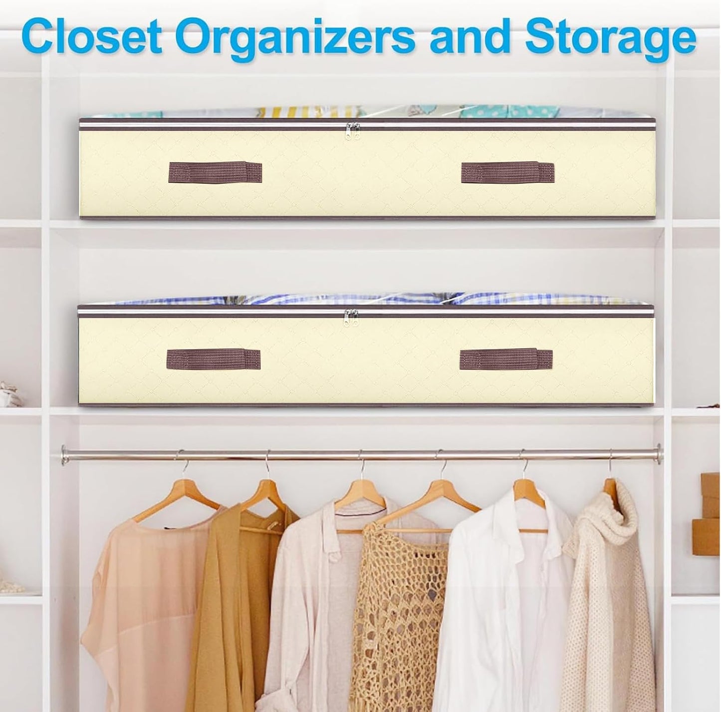 90L Under Bed Storage Containers, Closet Organizers and Storage Bins, Foldable Underbed Storages Bags for Blankets, Towels, Comforter, Sweaters, Pillows, Linen Sheets, Wrapping Paper, 4 Pack Beige