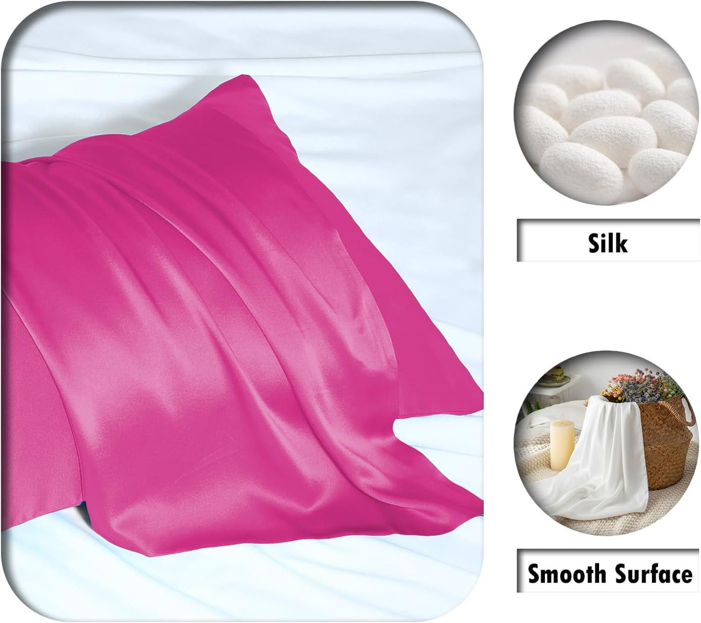 Mulberry Silk Pillow Cases for Hair and Skin Queen Size Silk Pillowcase with Zipper Soft Breathable Smooth Cooling Satin Silk Pillow Covers for Sleeping (Hot Pink,20"X 30",1Pcs)
