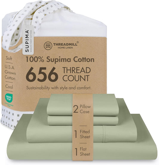 Threadmill Supima Cotton Sheets Queen | 656 Thread Count for Queen Mattress | 4 Piece Luxury Bed Sheets | Sateen Weave Hotel Quality with Elasticized Deep Pocket| Sage Green