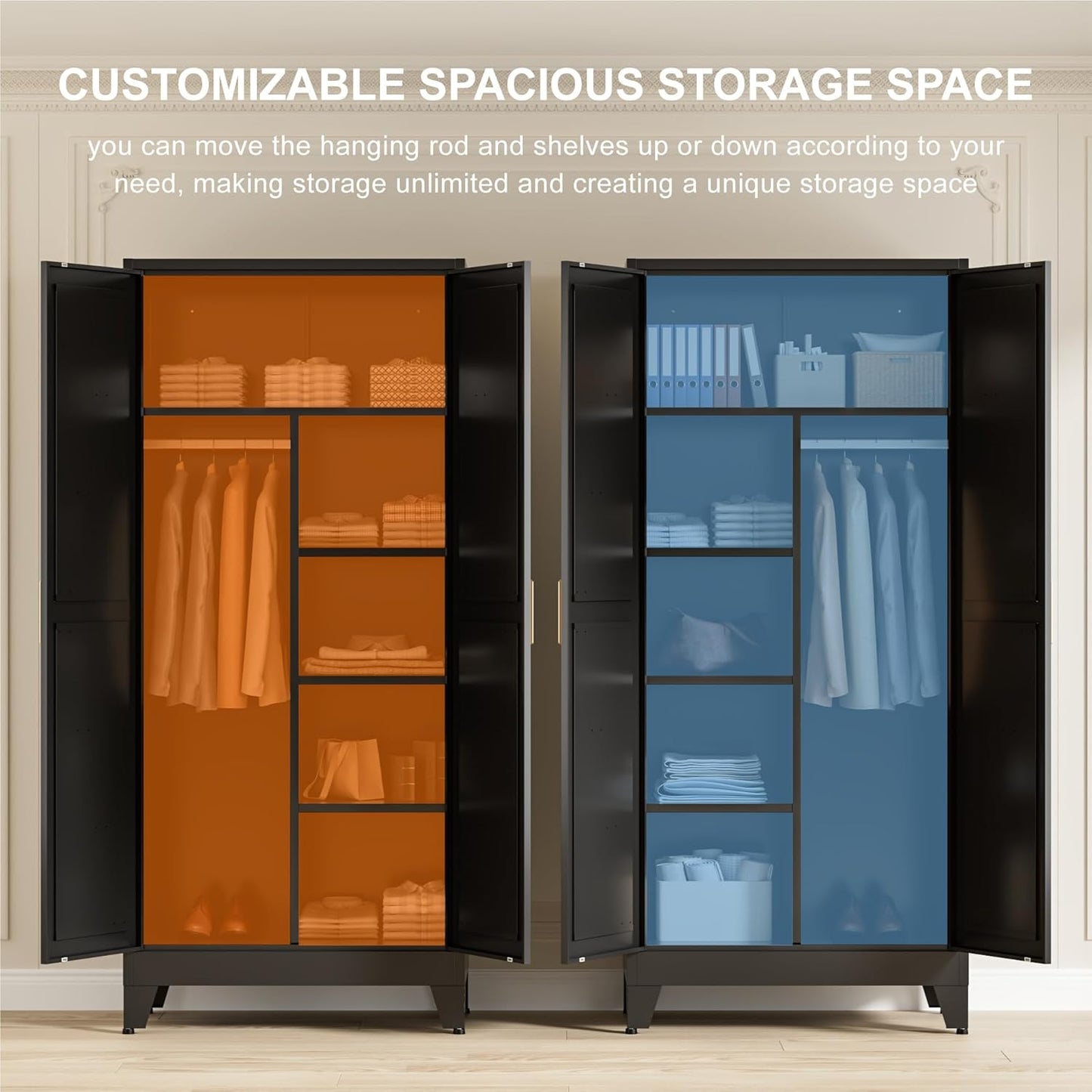 71" Tall Metal Wardrobe Closet with Adjustable Shelves and Hanging Rod, 2 Doors Office Storage Locker Cabinet for Home, Office, Bedroom, Laundry Room, Black