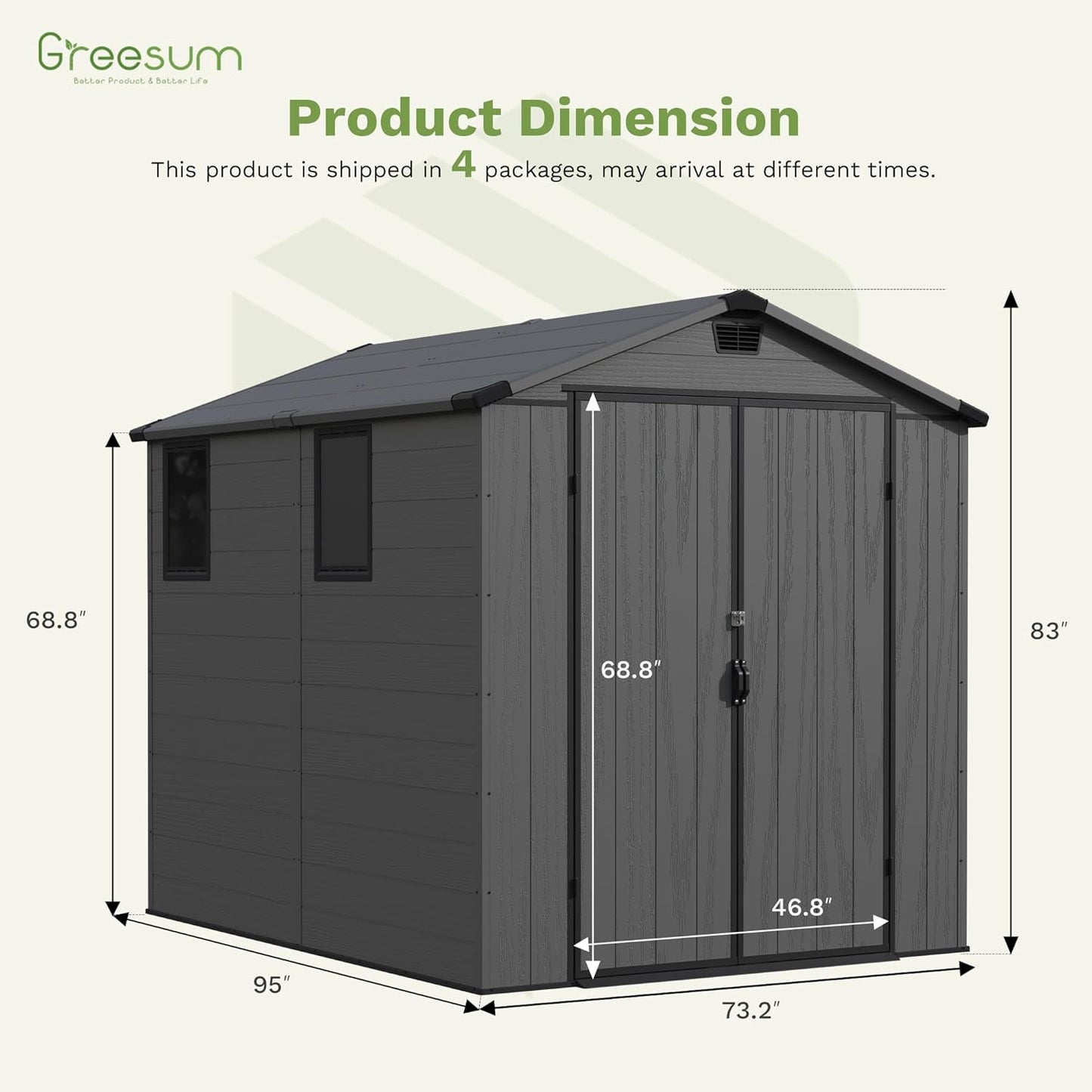 Greesum 6×8FT Plastic Outdoor Storage Shed with Floor, Resin Storaged Sheds with Lockable Double Door, Windows & Vents, All-Weather Tool Sheds for Garden, Backyard, Patio, Dark Gray