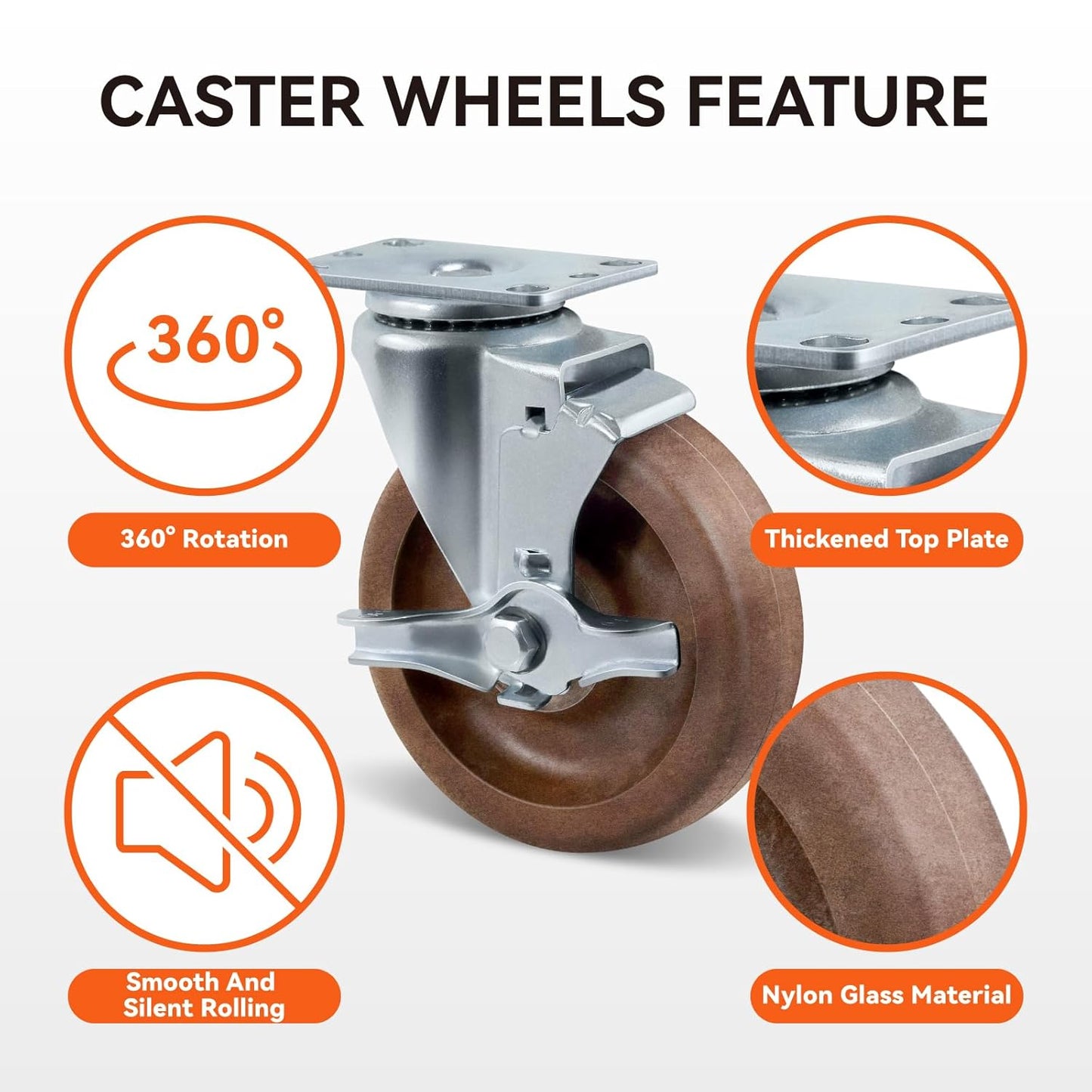 5" Hi-Temp Glass FiIled Nylon Casters, Heavy Duty Casters Set of 4, Industrial Caster Wheels for Commercial Kitchen, Bakery - 2800 lbs Capacity(2 Swivel & 2 Brake)