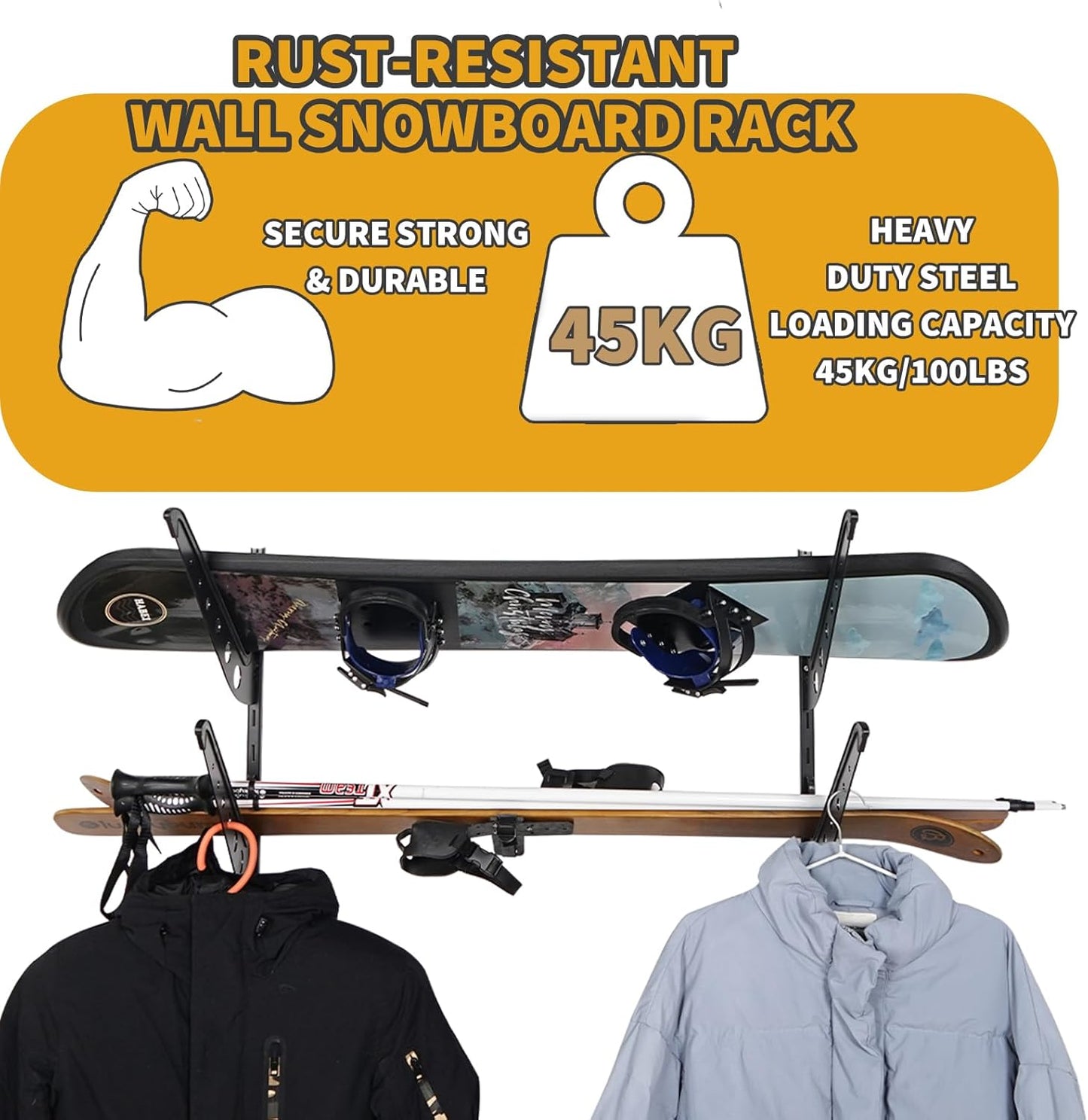 Snowboard Wall Racks, Adjustable Storage Rack for Ski, Surfboard, Wakeboard, Snowboard Wall Mount Display, White/Black