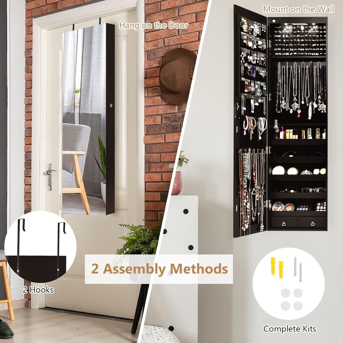 HAPPYGRILL Over the Door Jewelry Organizer, Hanging Jewelry Storage Cabinet w/Full-Length, Inner Makeup Mirror, Earring Shelves, Ring Slots, 25 Necklace Hooks, Wall Mounted Jewelry Armoire for Women