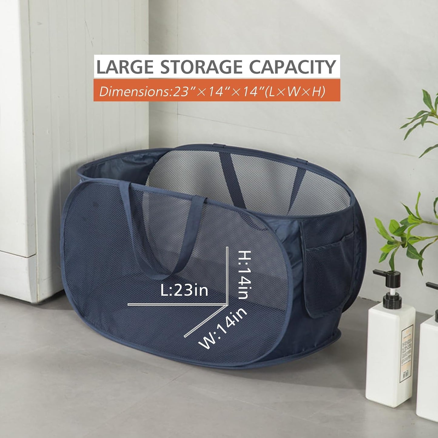 HONOMA Sturdy Mesh Laundry Hamper Basket Bag,Pop up Basket with Side Pocket for Laundry Room, Bathroom, Kids Room, College Dorm or Travel (Pop Horizontal, White)