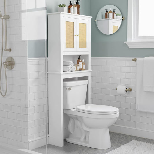 Over The Toilet Storage Cabinet, Behind Toilet Bathroom Organizer with Adjustable Shelves, Above Toilet Organizers with Barn Door, Space Saver for Restroom, Bathroom, Laundry