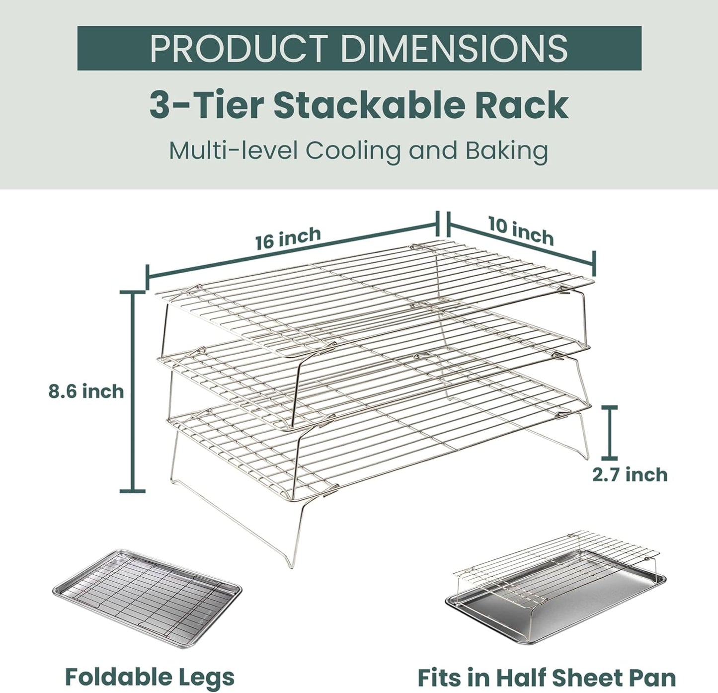 Ultra Cuisine Heavy Duty 3 Tiers, 16" x 10" Cooling Rack for Cooking and Baking - Professional Grade Premium 100% Stainless Steel Baking Rack & Wire Cooling Mesh - Dishwasher Safe - Pack 3