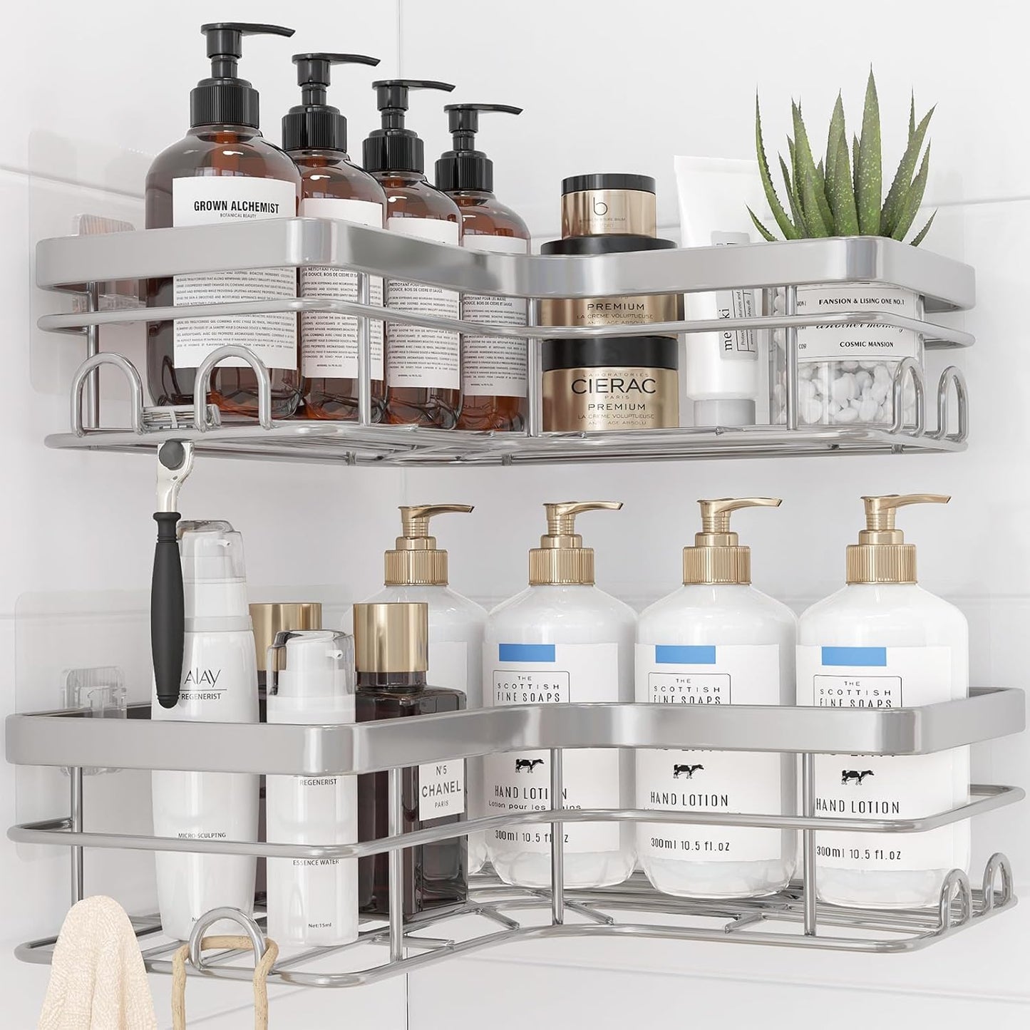 Corner Shower Caddy - 2 Pack, Adhesive Shower Organizers, Rustproof Stainless Steel Shower Shelves with 8 Hooks, No Drilling Bathroom Organizers and Storage Racks, Space-Saving, Silver, X-Large