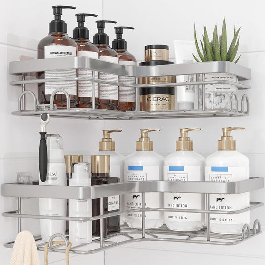 Corner Shower Caddy - 2 Pack, Adhesive Shower Organizers, Rustproof Stainless Steel Shower Shelves with 8 Hooks, No Drilling Bathroom Organizers and Storage Racks, Space-Saving, Silver, X-Large