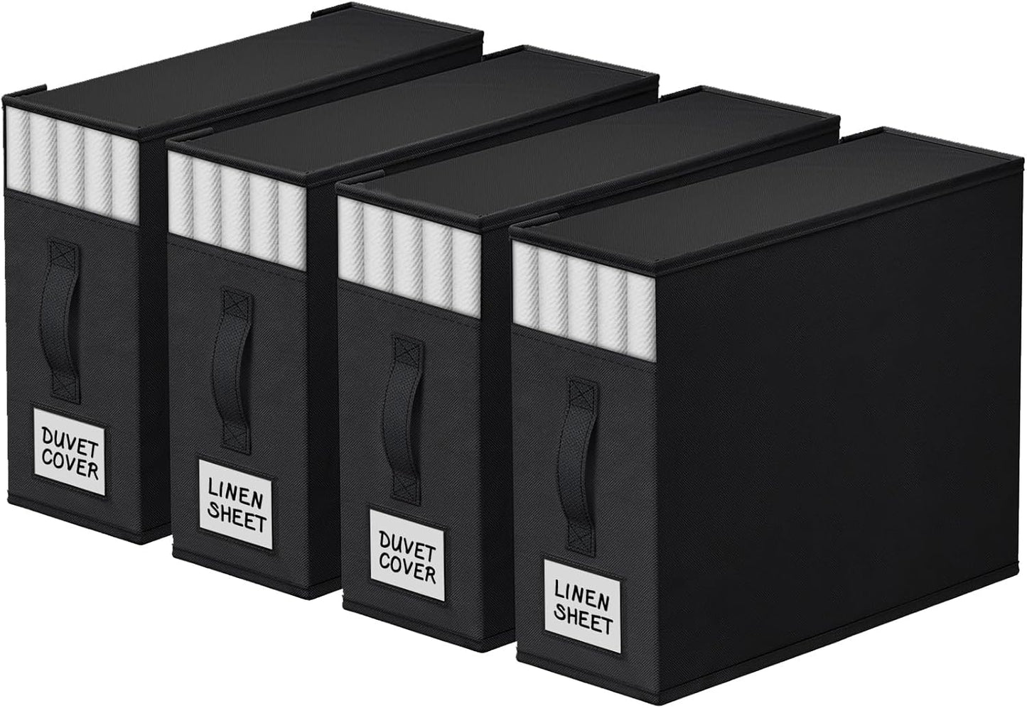4 Pack Bed Sheet Closet Organizers and Storage,Sturdy Foldable Storage Containers with Window and Label,Storage and Organization for Bedding Sheets,Duvet Covers,Blankets (Black)