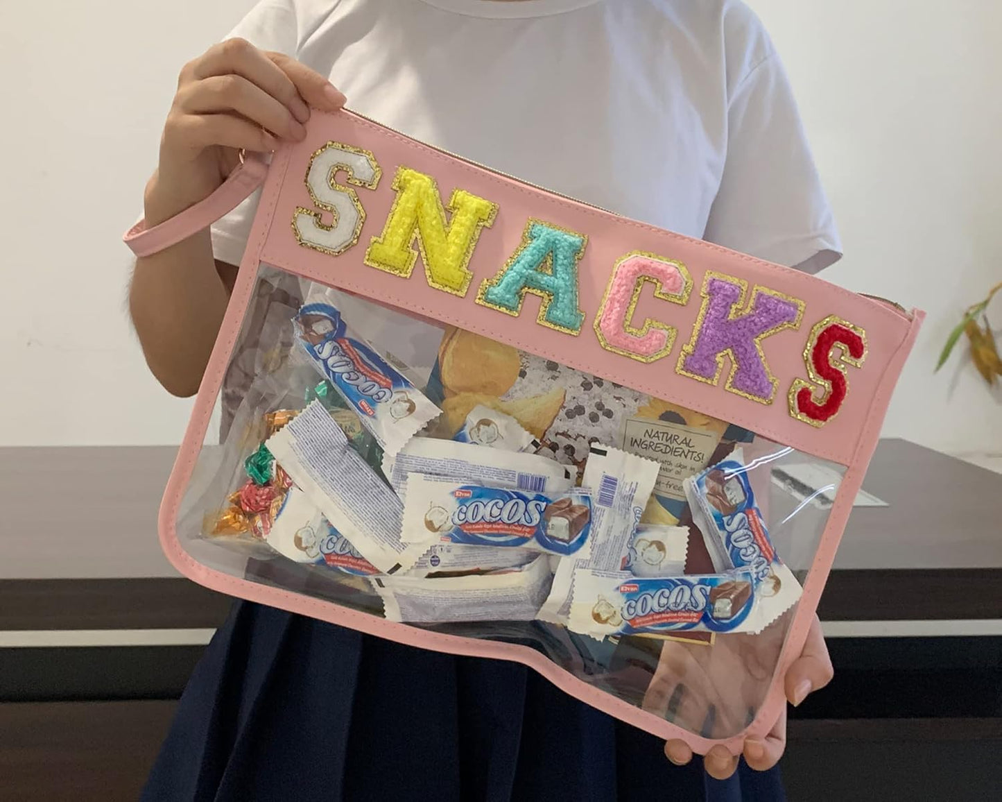 TopTTanBo Chenille Letter Clear Bag Purse Multi-purpose Transparent Waterproof Snacks Makeup Tote Bag with Wrist Strap