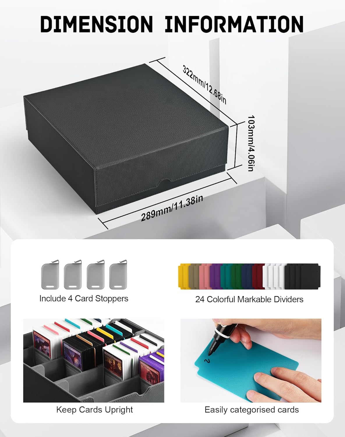 ZLCA Card Storage Box for MTG PTCG, Commander Deck Box Holds 3200+ Cards, Trading Card Storage Case with 4 Stoppers, Card Organizer for TCG Sport Cards(Black)