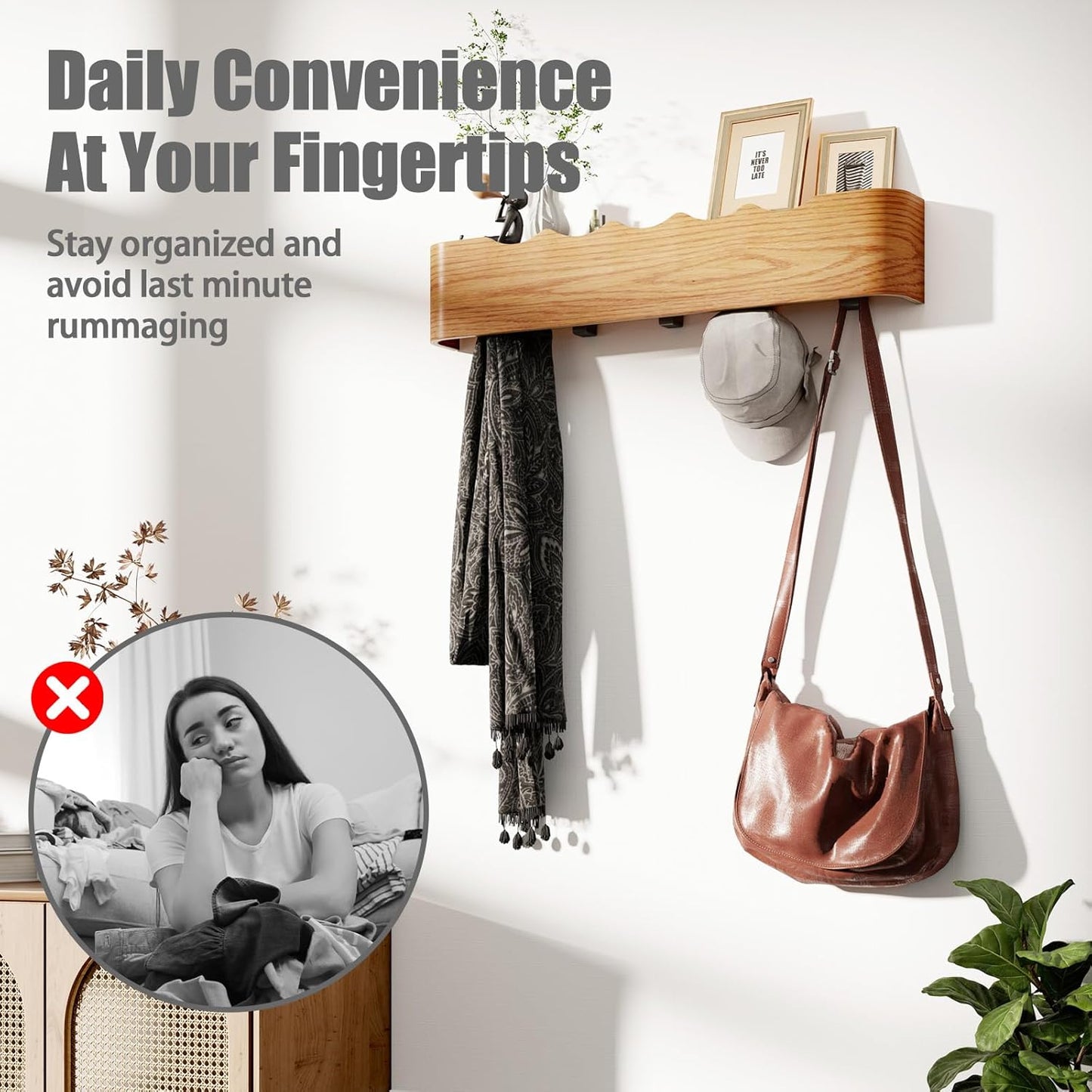 Coat Rack Wall Mount with Shelf 4 Hidden Hooks Modern Wooden Key Holder Entryway Organizer for Hallway Bedroom Bathroom Home Decor Storage for Hanging Coats Hats Bags Towels, Wave-Shape Oak