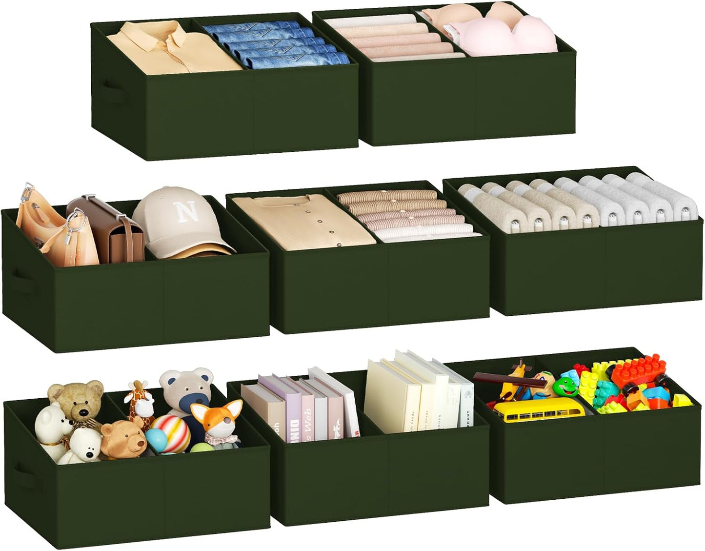 DIMJ Large Closet Shelf Organizer Bins 8 Packs with Handles and Divider, Fabric Trapezoid Storage Baskets, Foldable Clothes Containers Box for Shelf, Towel, Book, Toy, Purse, Hats, Green