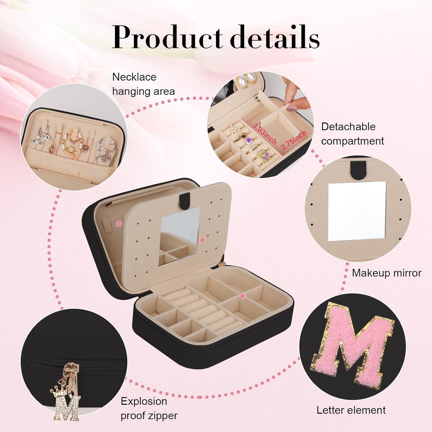 TopPerfekt Travel Jewelry Case, Jewelry Box with Mirror, Jewelry Organizer Bridal Shower Gifts to Her, Earring Storage Travel Case, Trendy Gift for Women and Girls, Girlfriend-Letter M, Black