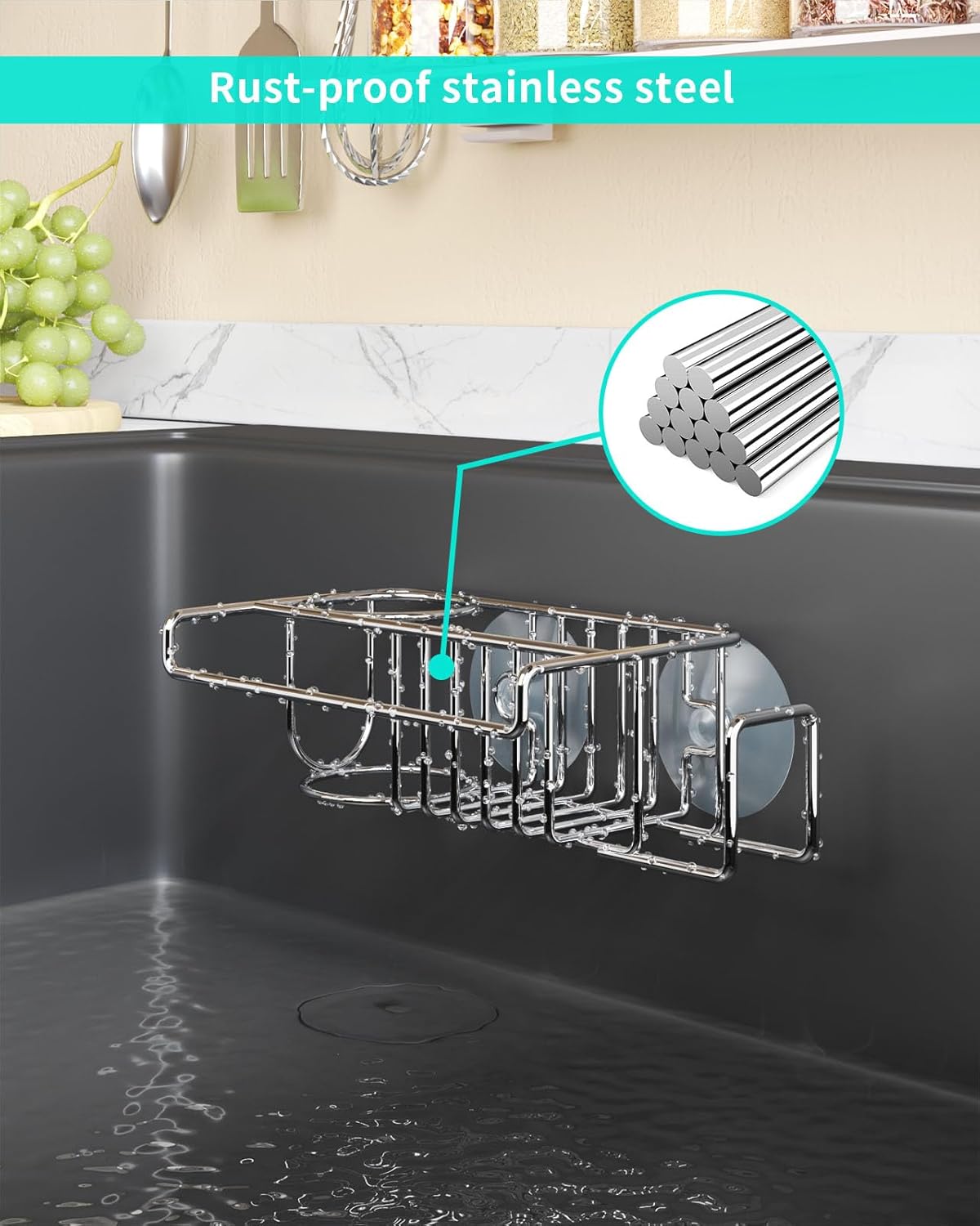HapiRm Sink Caddy Sponge Holder - No Drill Sponge Caddy for Kitchen, Rustproof and Waterproof Kitchen Sink Organizer - Silver（2-Pack）