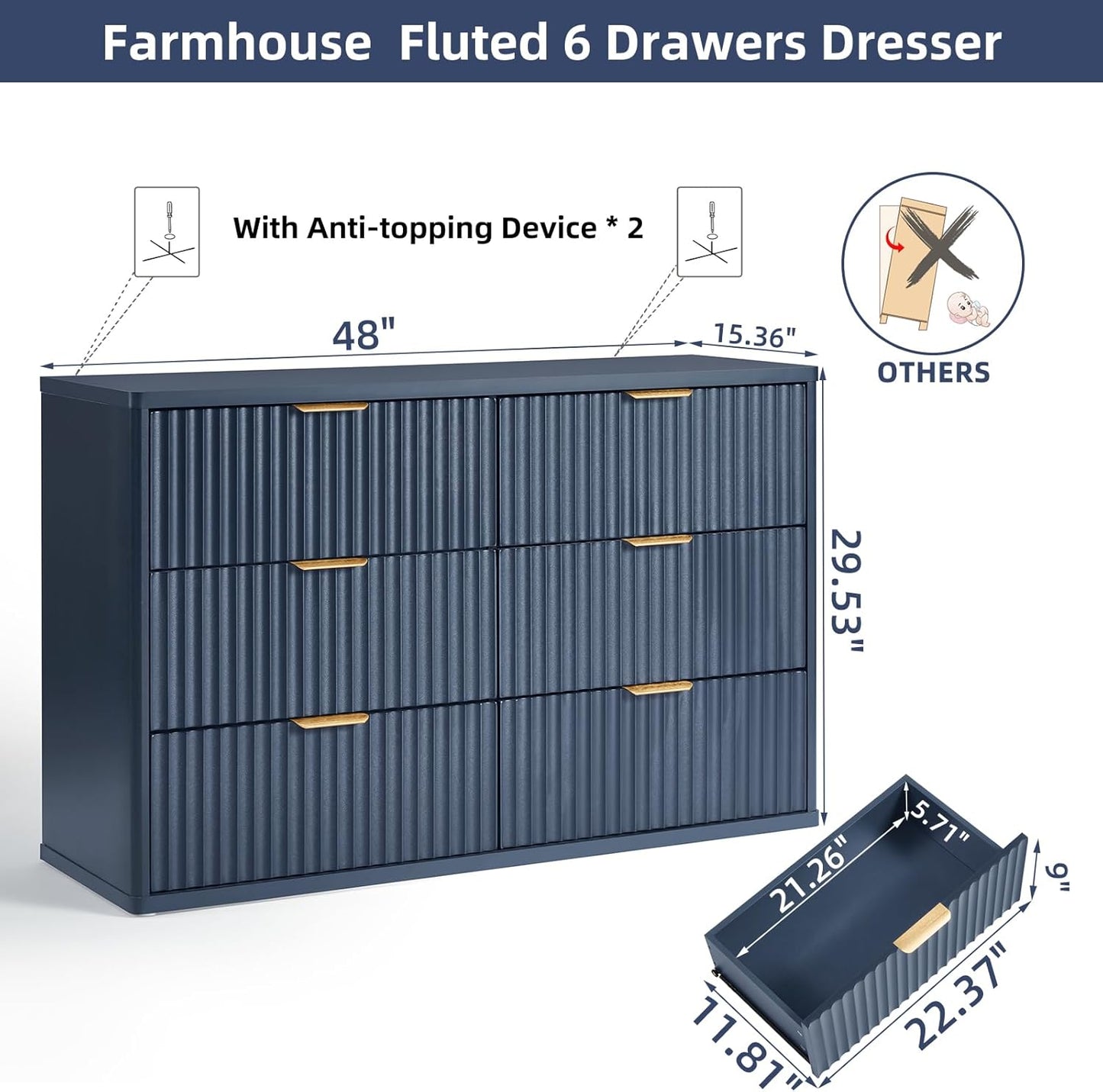 LEYAOYAO Fluted 6 Drawers Dresser, 48" Wide Modern Chest of Drawers with Wood Grain Top, Curved Profile Design, Dresser TV Stand, Wood Drawer Organizer for Bedroom, Living Room, Hallway,Blue