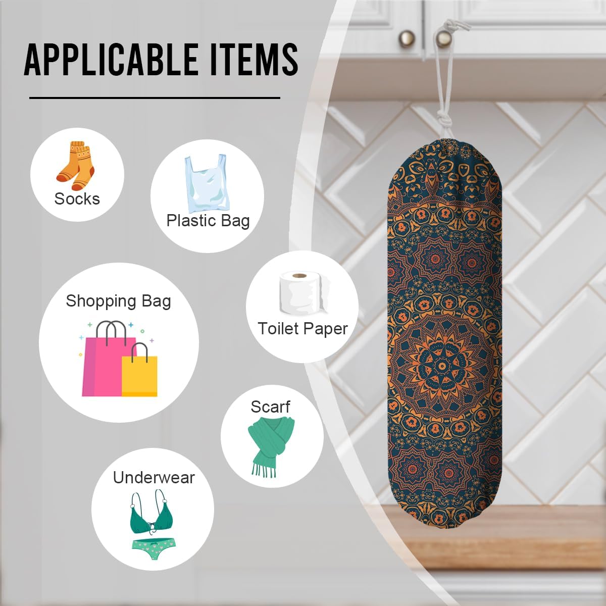 Boho Large Plastic Bag Holder, Reusable Grocery Bags Holder for Wall Mounting, Boho Car Trash Bags, Kitchen Essentials, Housewarming Gifts, Kitchen Pattern Garbage Bag 65