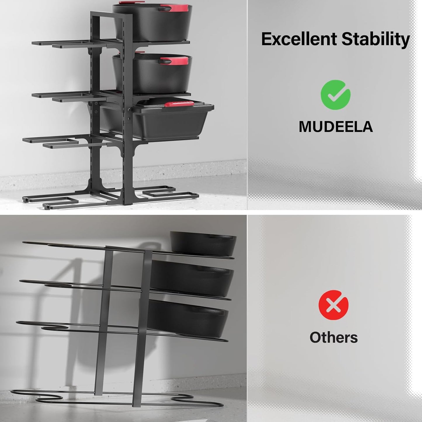 MUDEELA Pots and Pans Organizer under Cabinet 20.8" Height, Heavy Duty Adjustable Pot Pan Organizers inside Cabinet, 8-Tier Kitchen Cabinet Organizers and Storage for Big Stockpots, Heavy Cookware