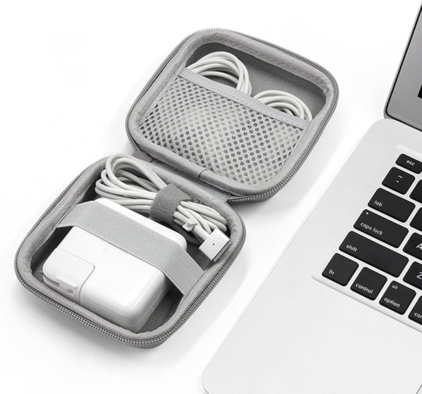 Charger Case for Macbook, Portable Tech Electronic Organizer Bag, Travel Storage Pouch for Laptop Accessories, MacBook Power Adapter, Charging Cords, USB Drives, Power Bank (Grey PU, M)