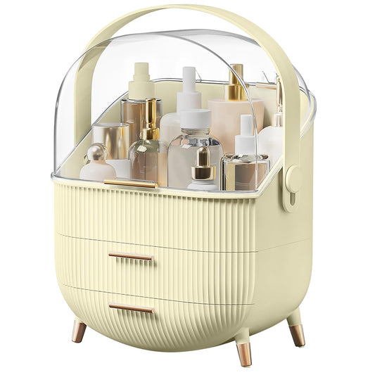 Makeup Organizers, Make Up Organizer for Vanity, Countertop Cosmetic Storage with Drawers and Transparent Cover for Bedroom Bathroom, Maize-yellow