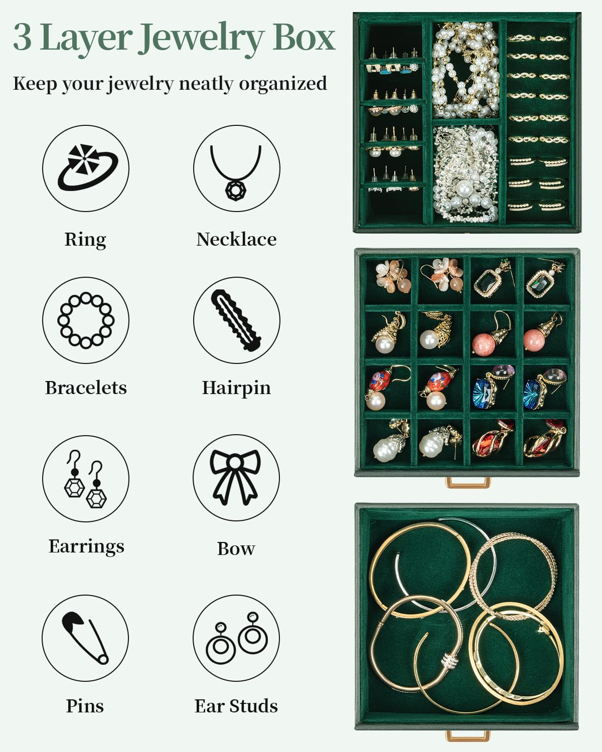 TORIBIO Jewelry Box for Women, Leather Jewelry Organizer with Mirror & Lock, 3-Tier Jewelry Storage Organizer with 2 Drawers for Girls/Women/Mothers, Necklace Earring Bracelets Holder Organizer