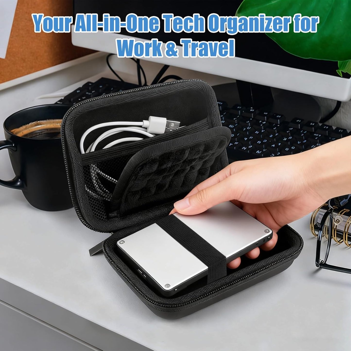 External Hard Drive Case, EVA Protective Shockproof Carrying Case for SSD Passport USB Storage, Portable Travel Electronic Organizer Tech Pouch Travel Bag with SD Card Slots & Mesh Cable Compartment