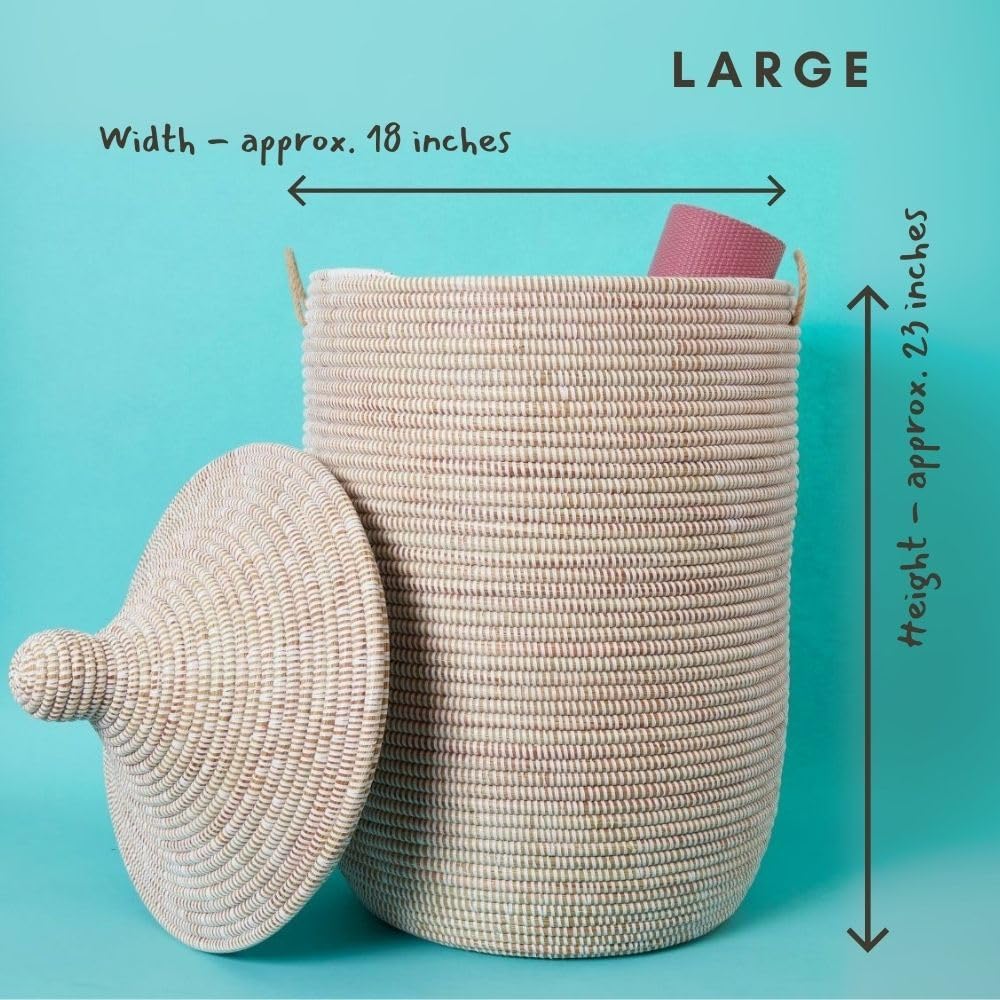 Tall Large Decorative Wicker Storage Basket with Lid, Laundry Hamper, Blanket Storage, Toys Bin, Clothes Holder, Boho Style (White)