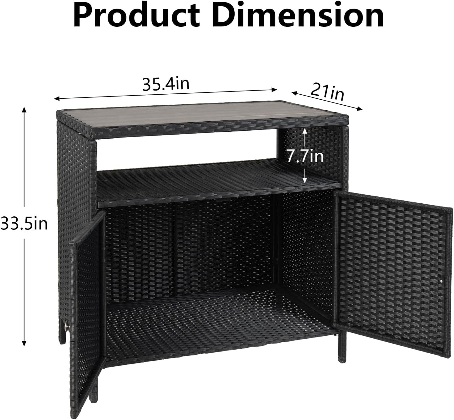 Garvee Patio Outdoor Wicker Storage Cabinet with Shelf, Powder Coated Steel, Patio Bar Table with 2-Door and Shelf, All Weather Resin Wicker, Patio Pool Garden Kitchen, Grey Table