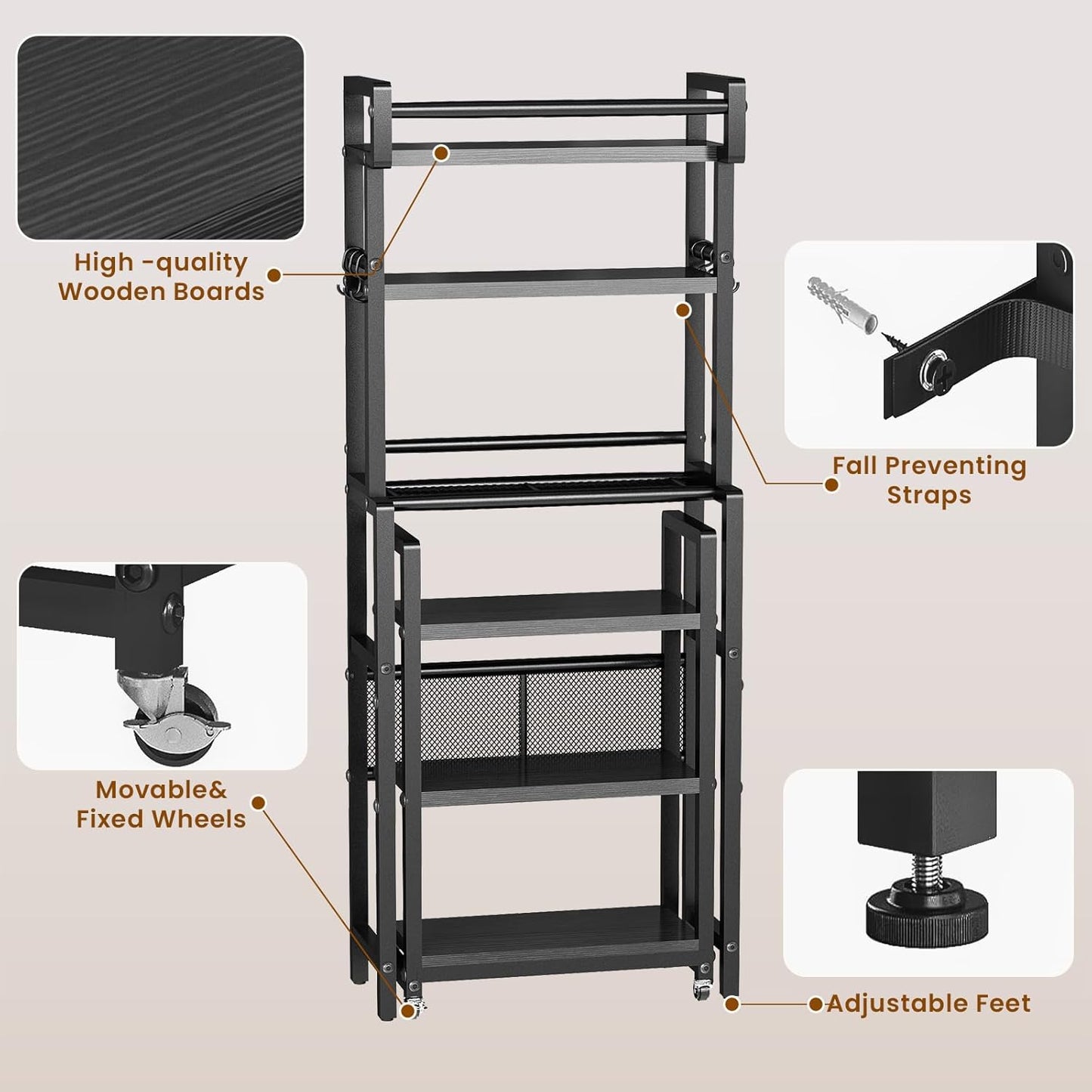 Recaceik 6-Tier Over The Toilet Storage Shelf with Cart, Freestanding Above Toilet Shelf Rack, Farmhouse Bathroom Organizer Shelves, Space Saver (Black)