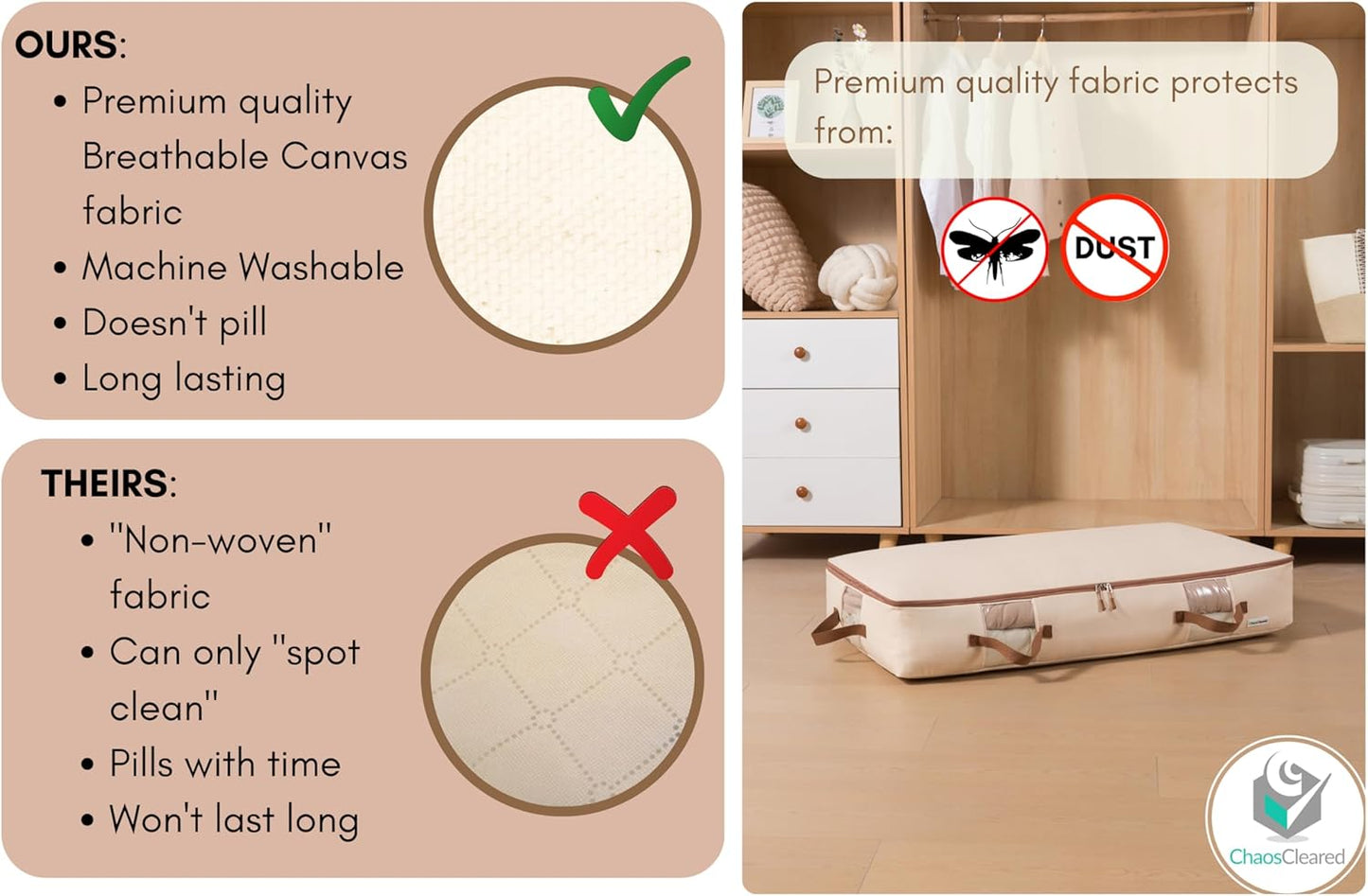 Under Bed Storage Bags 2 Pack - Low Blanket Storage Containers for Bedding, Linens & Sweaters, Made from Canvas, Extra Durable & Perfect Space Saving Solution, 38"L x 19"W x 6"H, Beige