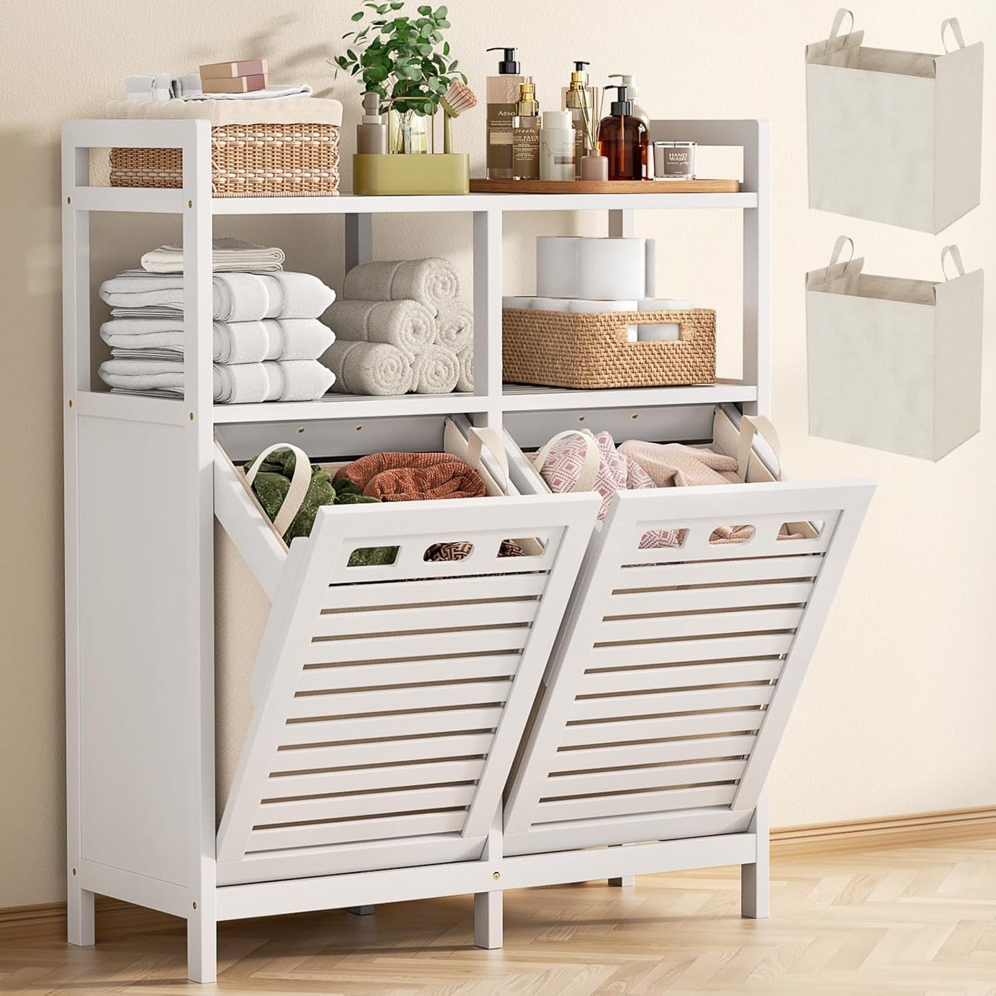 Homykic Tilt Out Laundry Hamper Cabinet, Bamboo Double Laundry Hamper with 2 Removable Laundry Baskets, 20 Gal Laundry Sorter Organizer with Shelf for Dirty Clothes, Bathroom, Laundry Room, White