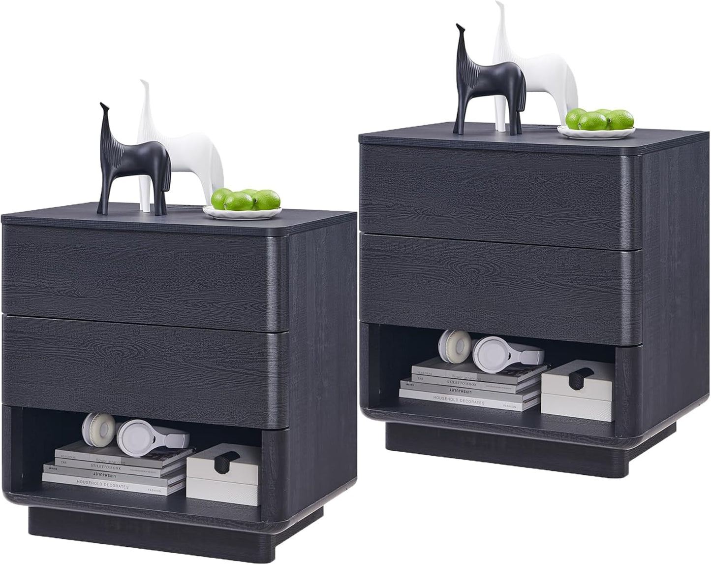 ACCOHOHO Nightstand Set of 2 with Charging Station, 22" Large Modern Bedside Table with 2 Drawers Storage,Push-to-Open End Table for Bedroom,Living Room,Black