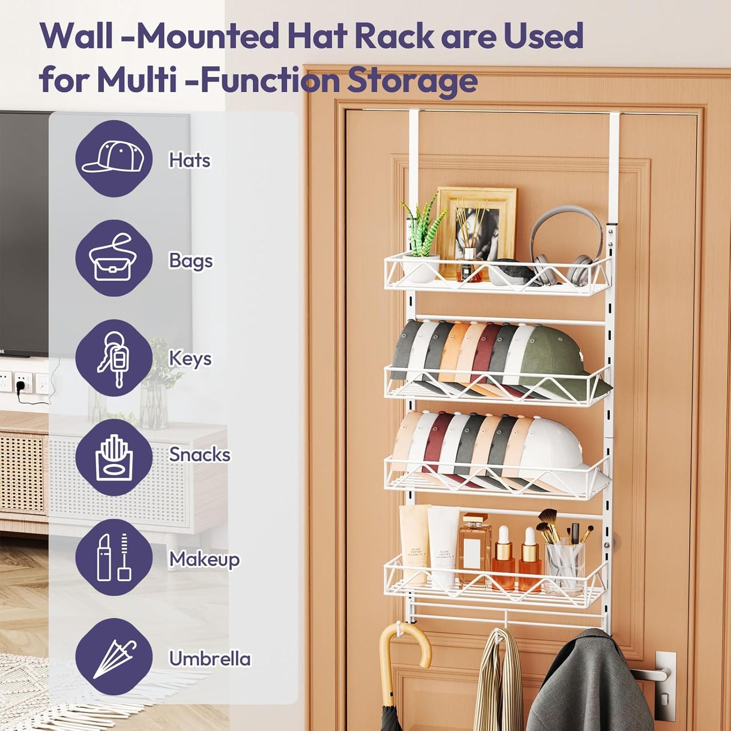 SWTYMIKI Over Door Hat Organizer - 5 Tier Wall Mounted Hat Rack with 4 Adjustable Metal Basket and 3 Hooks, Hanging Baseball Cap Organizer Storage Holds up to 49 Caps for Door, Bedroom, Closet