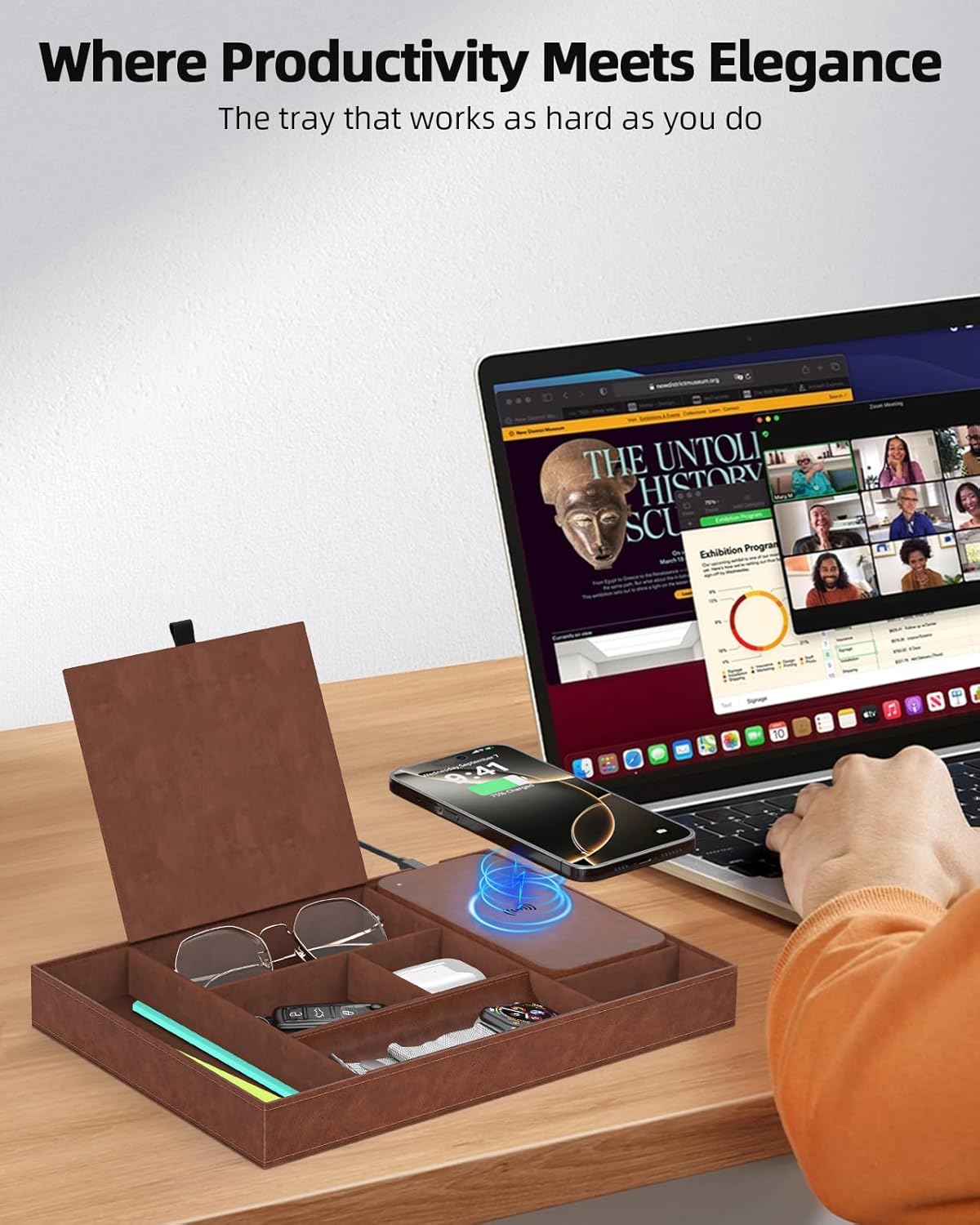 Valet Tray with Wireless Charger, Nightstand Organizer, Leather Desk Drawer Organizer Tray with 7 Compartments for Jewelries, Watch, Key, Wallet, Phone, Brown